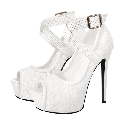 Peep Toe Platform Criss Cross Strap Mesh High Heels - Onlymaker Exclusive