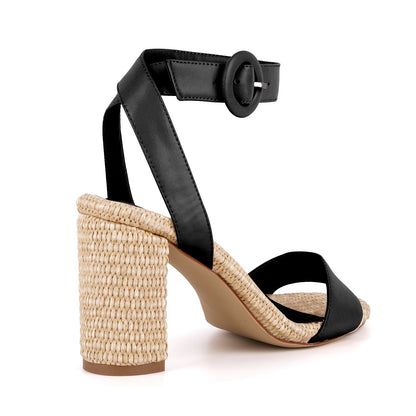 Straw Ankle Strap Chunky Heel Sandals - Onlymaker Signature