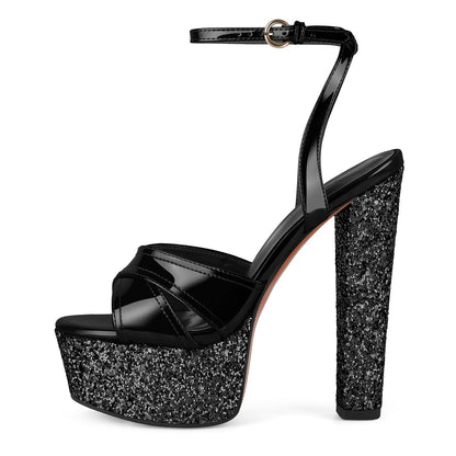 Glitter Platform Ankle Strap Chunky Heel Sandals - Onlymaker Customer Favorite