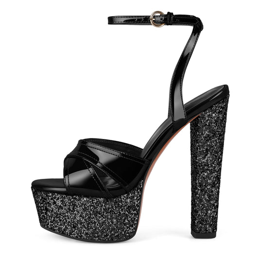Glitter Platform Ankle Strap Chunky Heel Sandals - Onlymaker Customer Favorite