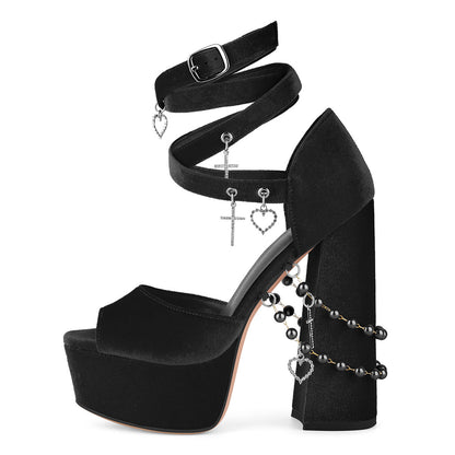 Pendant Platform Wrap Buckle Strap Velvet Sandals - Onlymaker Classic