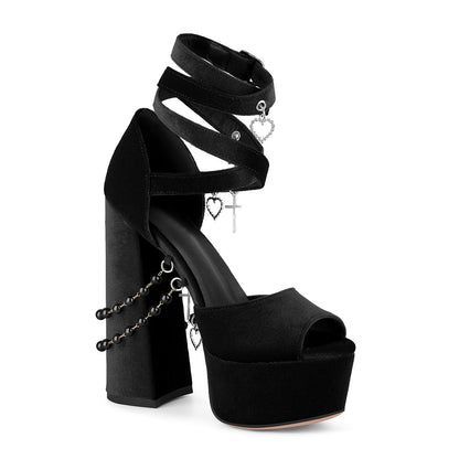 Pendant Platform Wrap Buckle Strap Velvet Sandals - Onlymaker Classic