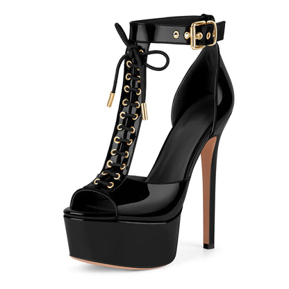 Platform Buckle T-Strap Lace-up Sandals - Onlymaker Special Offer
