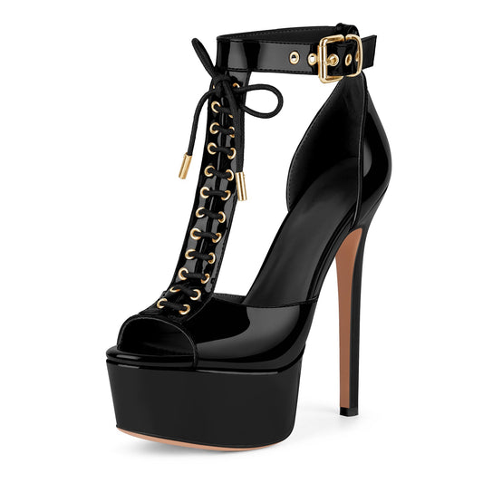 Platform Buckle T-Strap Lace-up Sandals - Onlymaker Special Offer