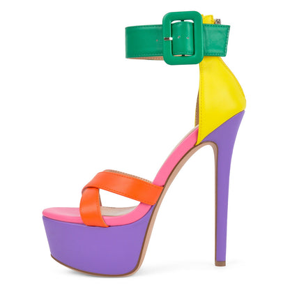 Multicolor Platform Ankle Strap Stiletto Sandals - Onlymaker Everyday