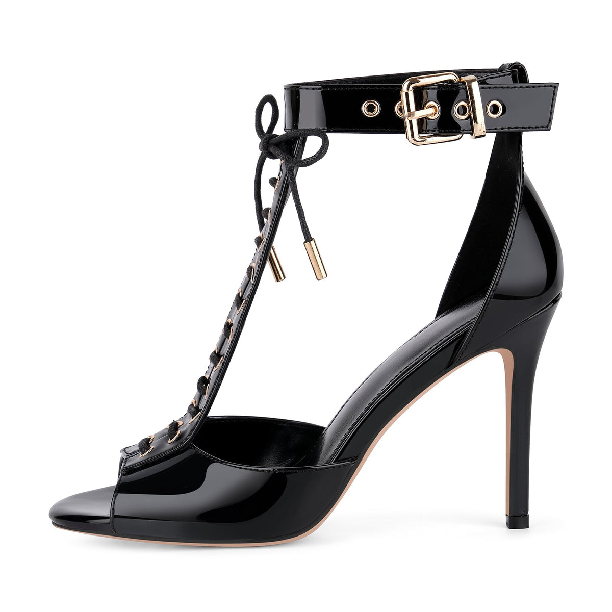 Buckle T-Strap Lace-up Patent Sandals - Onlymaker Classic