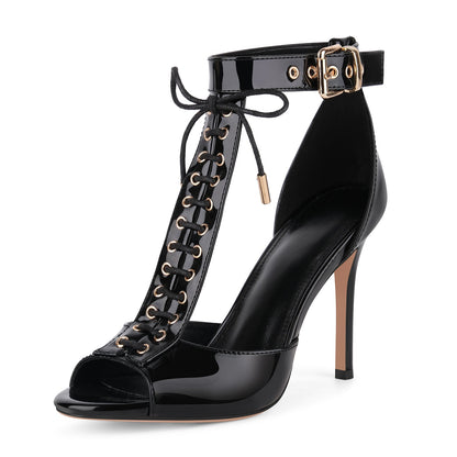 Buckle T-Strap Lace-up Patent Sandals - Onlymaker Classic
