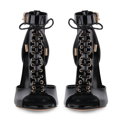 Buckle T-Strap Lace-up Patent Sandals - Onlymaker Classic