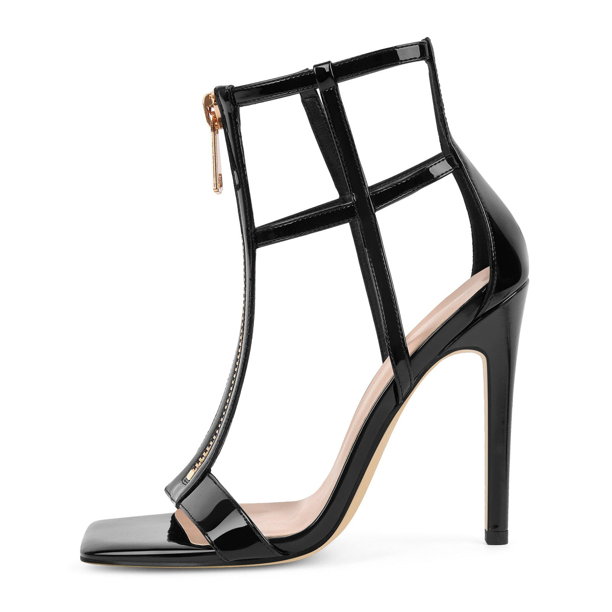 Square Toe T-Strap Zipper Patent Sandals - Onlymaker Customer Favorite