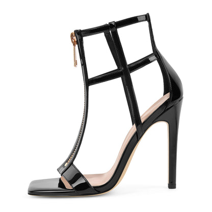 Square Toe T-Strap Zipper Patent Sandals - Onlymaker Customer Favorite