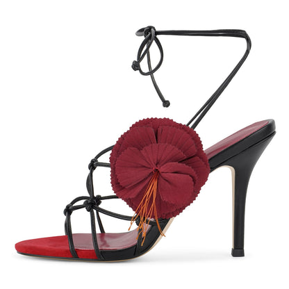 Red Flower Applique Ankle Strap Sandals - Onlymaker Special Offer