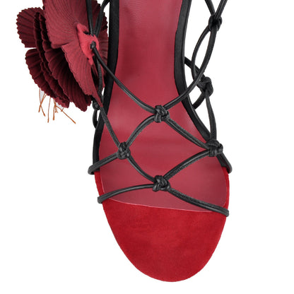 Red Flower Applique Ankle Strap Sandals - Onlymaker Special Offer