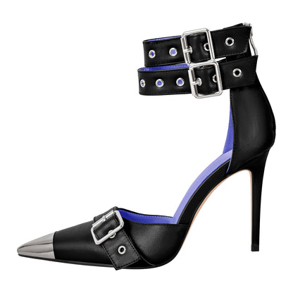 Pointed Metal Toe Stiletto Double Ankle Strap Denim Pumps - Onlymaker Premium