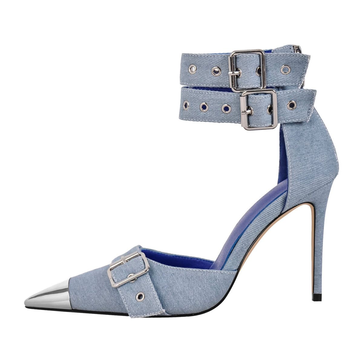 Pointed Metal Toe Stiletto Double Ankle Strap Denim Pumps - Onlymaker Premium