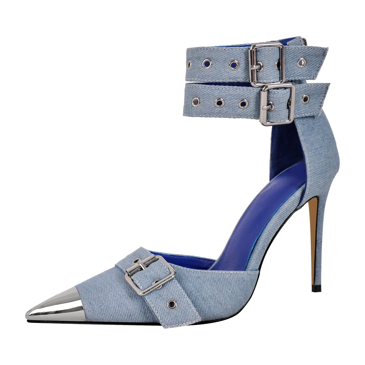 Pointed Metal Toe Stiletto Double Ankle Strap Denim Pumps - Onlymaker Premium