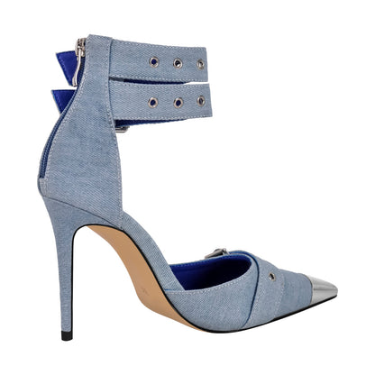 Pointed Metal Toe Stiletto Double Ankle Strap Denim Pumps - Onlymaker Premium