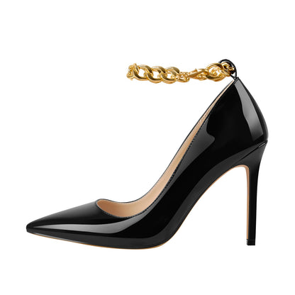 Patent Leather Ankle Chains Pointed Toe Pumps - Onlymaker Exclusive
