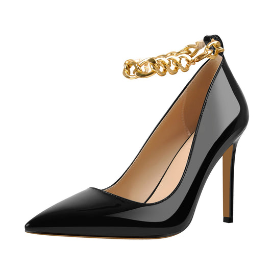 Patent Leather Ankle Chains Pointed Toe Pumps - Onlymaker Exclusive