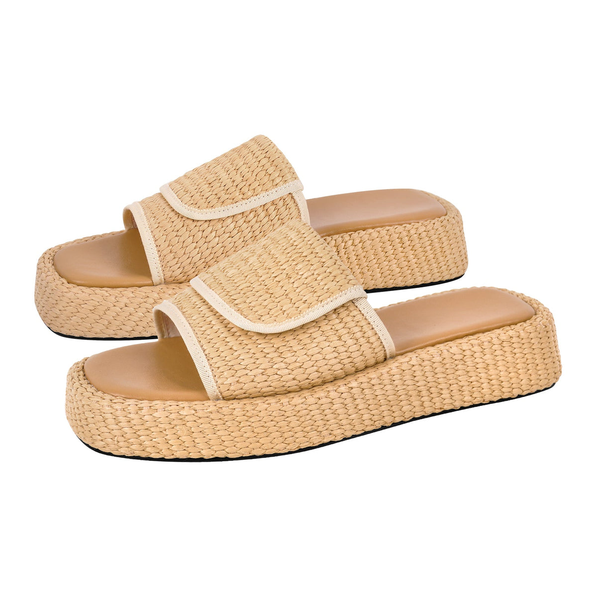 Straw Platform Square Toe Flats Slippers - Onlymaker Discount