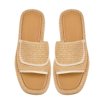 Straw Platform Square Toe Flats Slippers - Onlymaker Discount