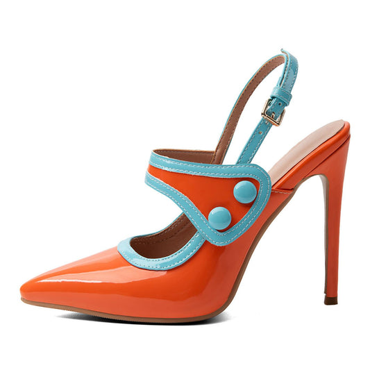 Pointed Toe Color Block Button Slingback Pumps - Onlymaker Exclusive