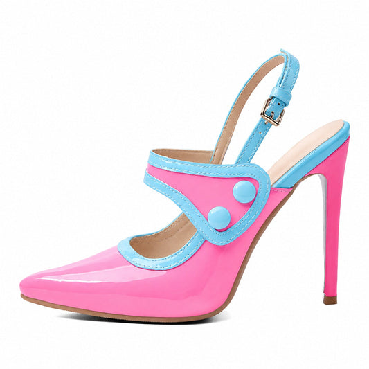 Pointed Toe Color Block Button Slingback Pumps - Onlymaker Exclusive