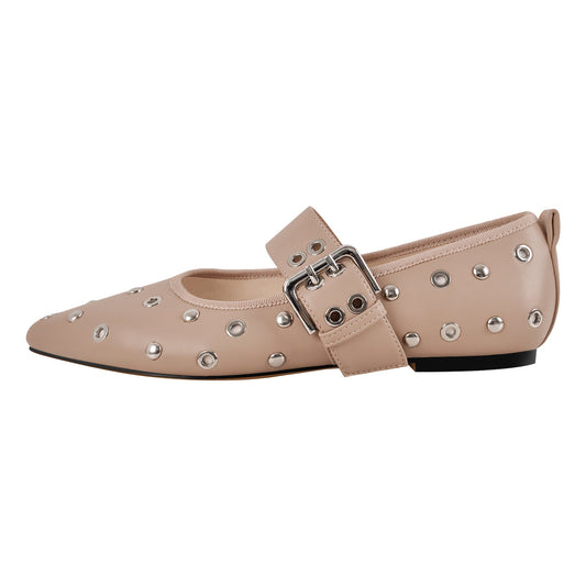 Pointed Toe Rivet Buckle Strap Flats - Onlymaker Special Offer