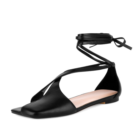 Square Toe Semi Open Toe Lace-up Flats - Onlymaker Hot Sale